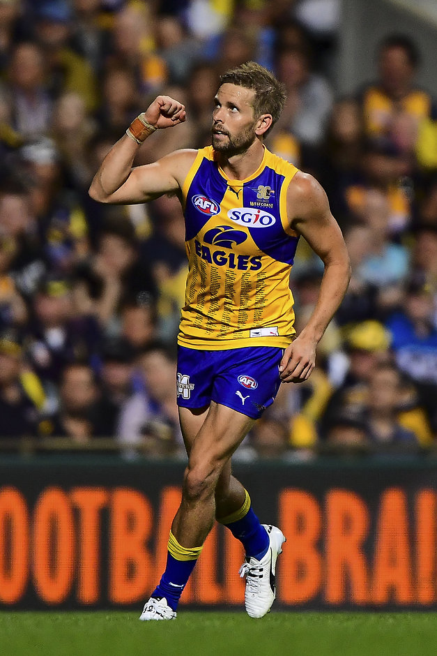 AFL 2016 Rd 04 - West Coast v Richmond PERTH, AUSTRALIA - APRIL 15: Mark LeCras of the Eagles celebrates a goal during the 2016 AFL Round 04 match between the West Coast Eagles and the Richmond Tigers at Domain Stadium, Perth on April 15, 2016. (Photo by Daniel Carson/AFL Media)